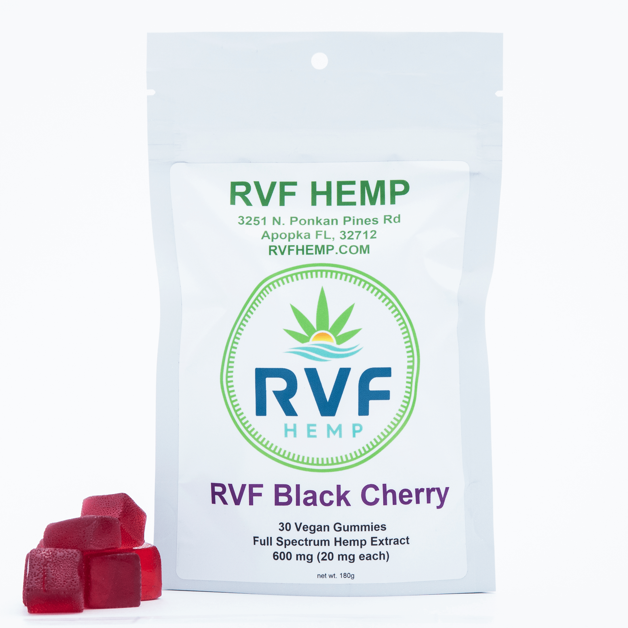 Packet of RVF Hemp black cherry vegan gummies with a few gummies beside it.