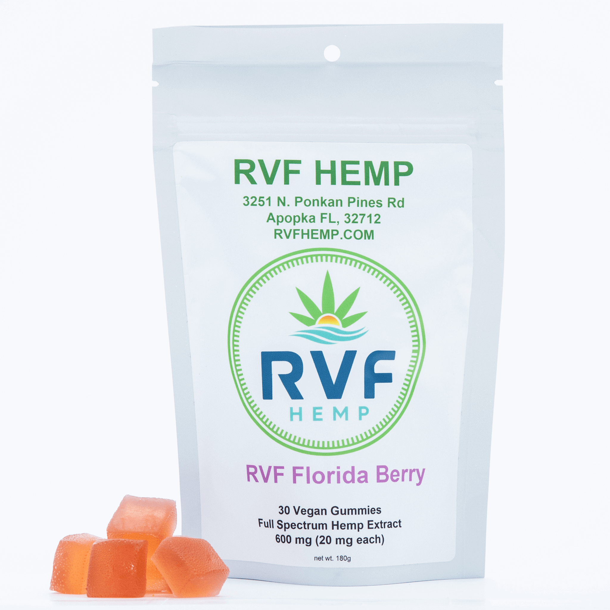 RVF Hemp vegan gummies packaging with orange gummies in the foreground.