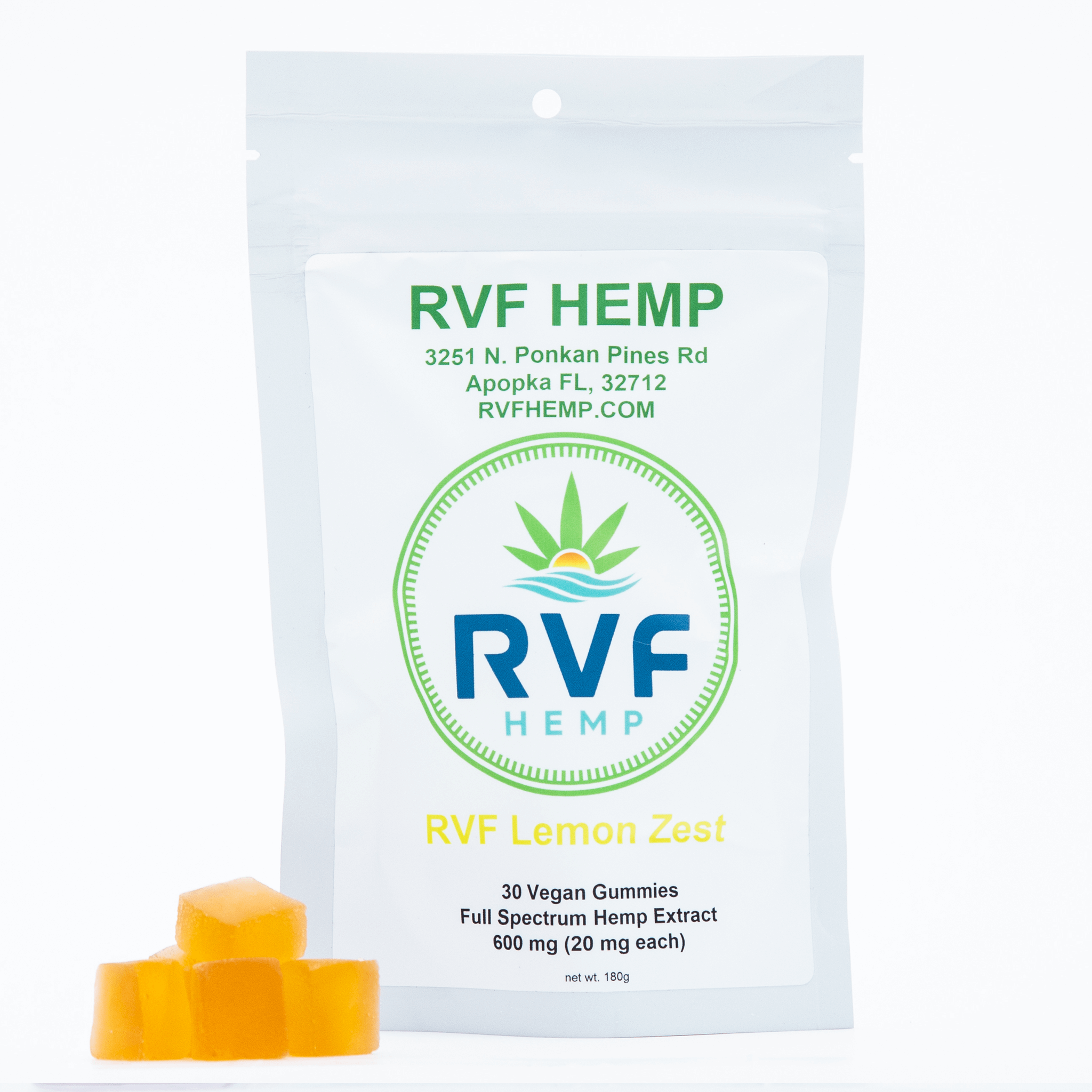 Package of RVF Hemp Lemon Zest vegan gummies with hemp extract and lemon zest flavor.